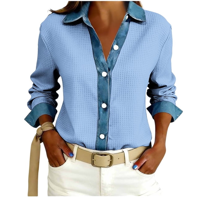 TaTaai Women's Loose Fit Blouse Long Sleeve Lapel Collar Waffle Knit Design Button Front Denim Style Casual Top Gift