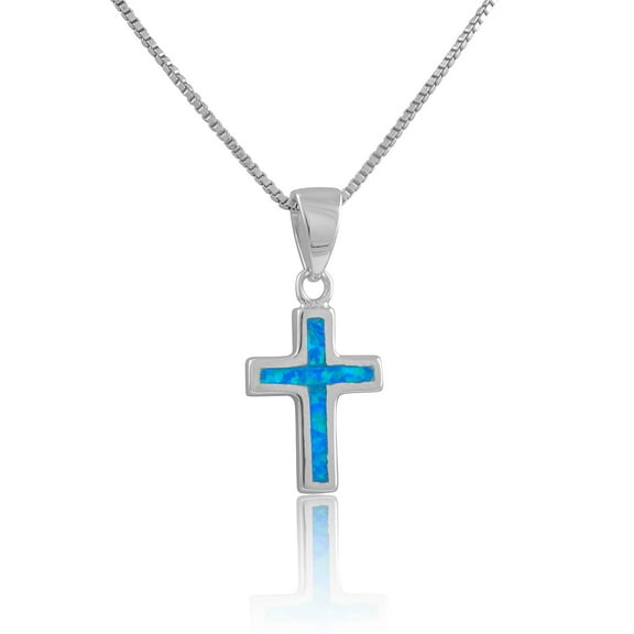 SilverCloseOut Sterling Silver Created Blue Opal Cross Womens Necklace 18"