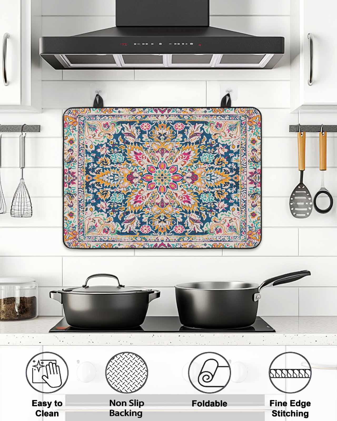 Stove Top Covers for Electric Stove, Colorful Boho Glass Stovetop Cover Protector, Ethnic Vintage Mexican Flowers Southwestern Induction Cooktop Protector Oven Mat for Kitchen Countertop 24"x21"