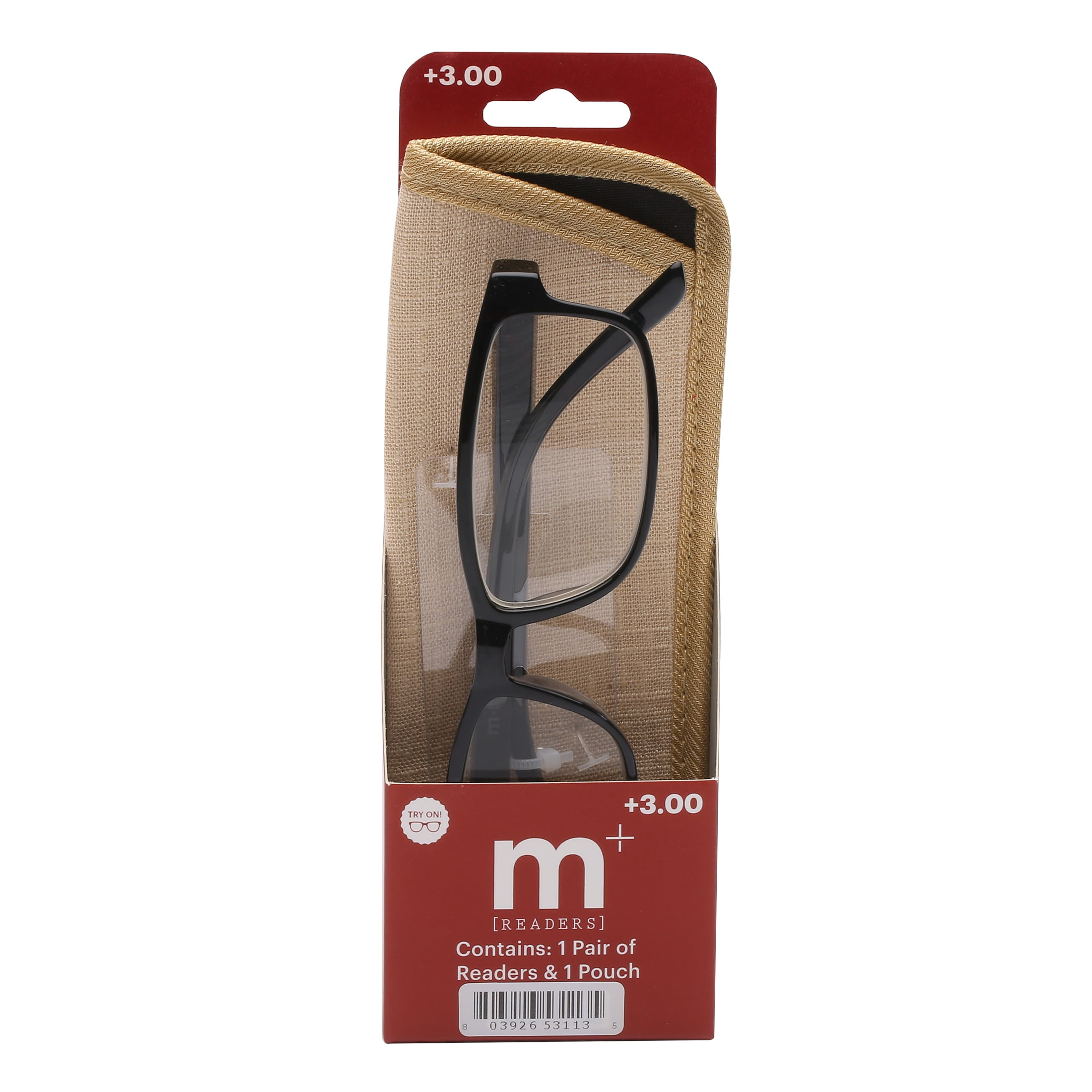 M+ Mens Rectangular Plastic Reading Glasses 3.00 Frazier in Classic Black