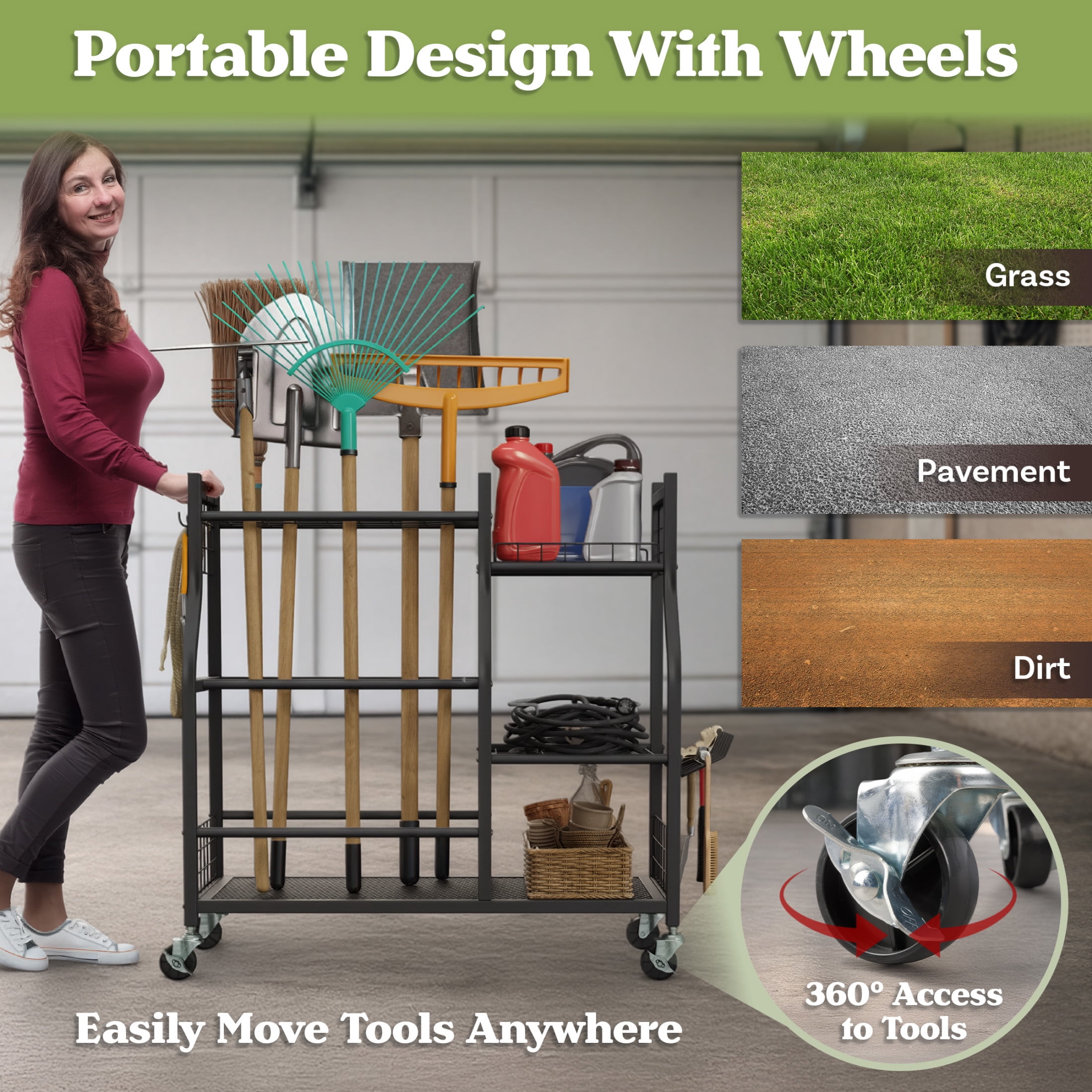 Pure Garden Garage Garden Tool Organizer with Wheels, 3 Shelves, 28 Slots for Long Handles and Hooks