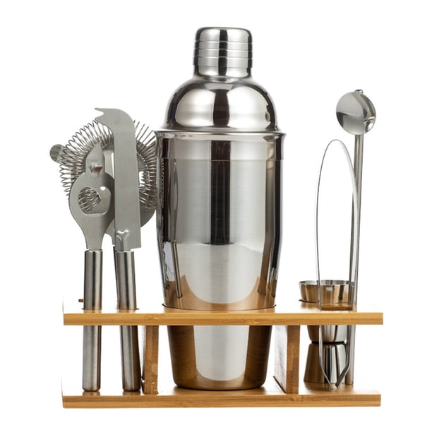 Herramientas de mixología, juego de coctelera con soporte de bambú y acero inoxidable antioxidante, kit de barman para coctelería profesional en el bar de casa, juego completo de cócteles