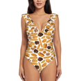 thumbnail image 2 of Yiaed Coffee Bun Hot Dog Print Women's Ruffled One Piece Swimsuit V Neck Swimwear Slimming Monokini for Woman-X-Large, 2 of 8