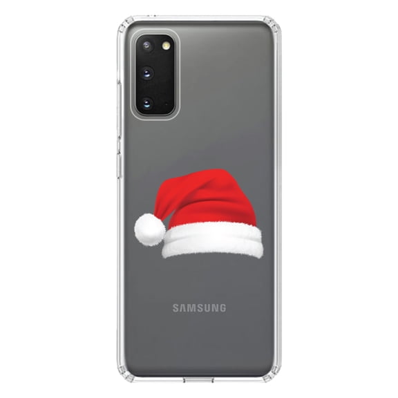 DistinctInk Clear Shockproof Hybrid Case for Galaxy S20 / S20 5G (6.2" Screen) - TPU Bumper Acrylic Back Tempered Glass Screen Protector - Realistic Santa Hat Christmas
