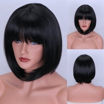 Zhuge Short Straight Bob Wigs with Air Bangs Honey Brown Wig for Women Shoulder Length Heat Resistant Fiber Hair Wigs,Black
