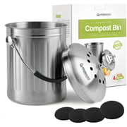 Leak Proof Stainless Steel Compost Bin 1.3 Gallon – Includes 4 Extra Free Filters