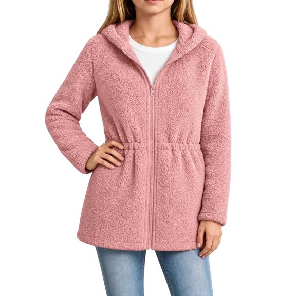 OGLCCG Girls Fleece Jacket with Hood Full Zip Fuzzy Sherpa Coat Long Sleeve Fall Winter Outwear with Pockets,Drawstring Waist(Pink,6-7 Years)