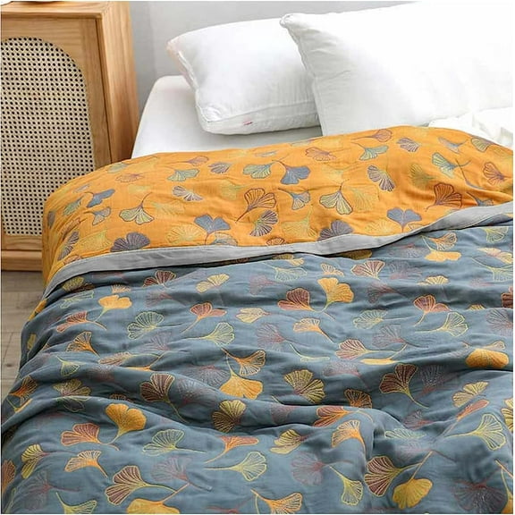 GinkgoLeaf Pattern Cotton Reversible Quilt - Ultra Soft Lightweight Breathable Ginkgo Leaf Pattern Quilt,Air Conditioning Quilt - Queen and King Size Bedding (90" W X 98" L)