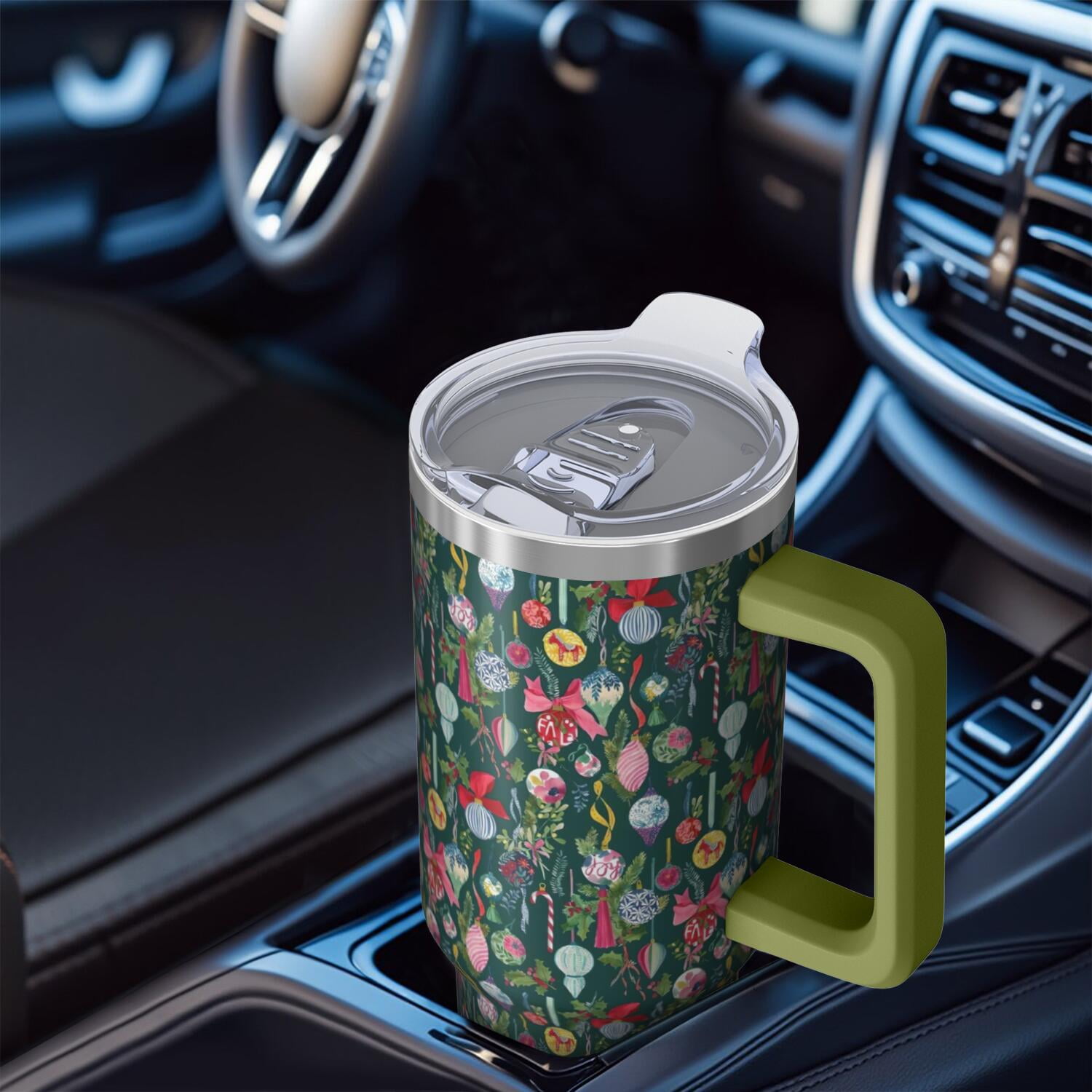 Dark Green Christmas Ornament Pattern Tumbler with Handle and Lid,40oz Double Wall Vacuum Insulated Tumbler,Cups Gift for Women and Men