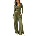 thumbnail image 2 of DYTTDG Women’s 2‑Piece Outfit Set, V‑Neck Long Sleeve Crop Top & Drawstring Elastic Waist Wide Leg Pants with Side Pockets, Solid‑Color Casual Loungewear Suit for Fall Winter Daily, 2 of 8