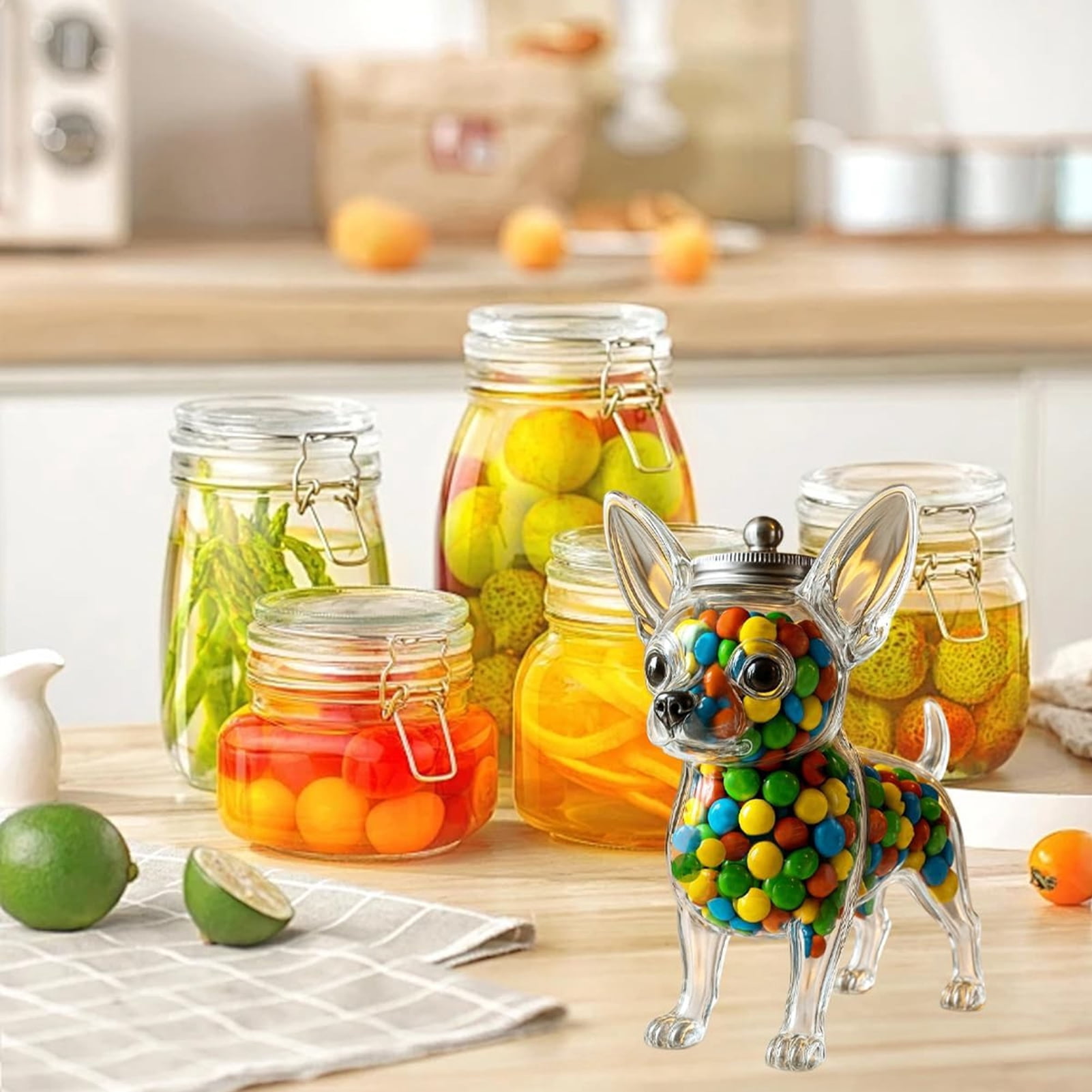 Dserhfy Pet Treat Jar Reusable Dog Shape Glass Airtight Pet Food Storage Container Chihuahua/French Bulldog/Dachshund Candy Snack Holder with Lid for Kitchen Countertop