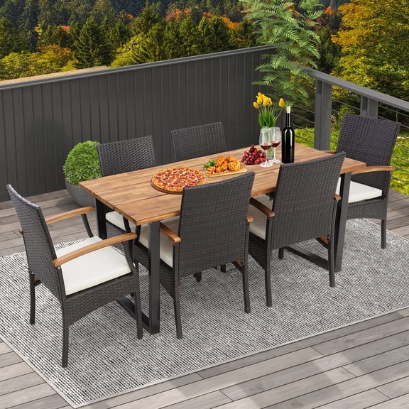 Costway 7-Piece Rattan Outdoor Dining Set with 6 Cushions, Mix Brown/Off White