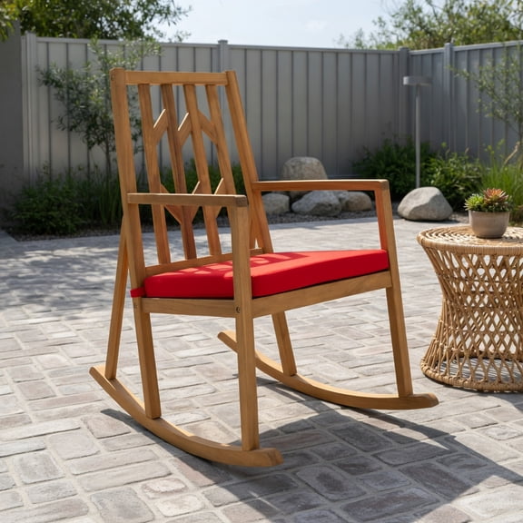 Yardi Yard Patio Acacia Wood Rocking Chair Sofa with Armrest and Cushion for Garden and Deck, Patio Furniture Chair, Balcony Porch Adult Rocking Chair-Red