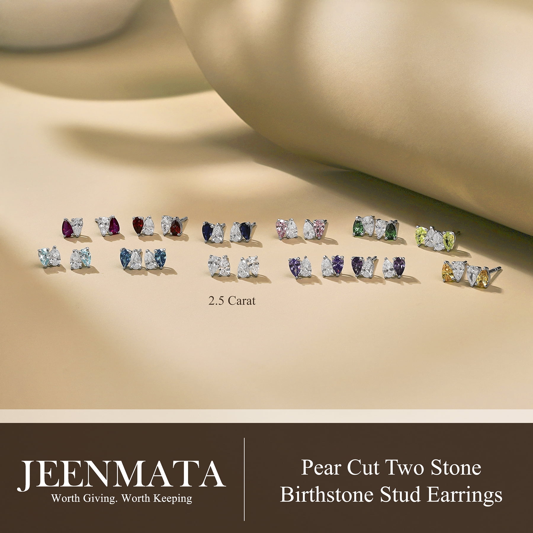 JeenMata 2.5 Carat Pear Cut April Birthstone Stud Earring - Cubic Zirconia Two Stone Earrings in 18K White Gold Plating Gift for Women