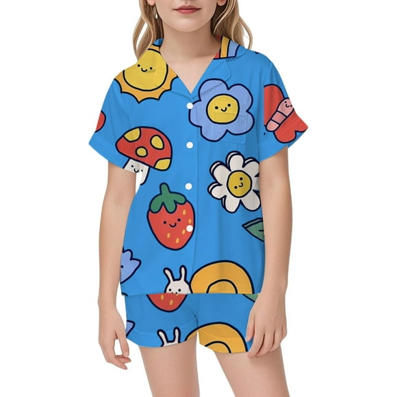 Kids Kids Pajamas Christmas Set Printed Satin Pajama Set Short Sleeve 2 Piece Sleepwear Button-Down Christmas Outfits for Girls Christmas Pjs Kids 8-9 Years