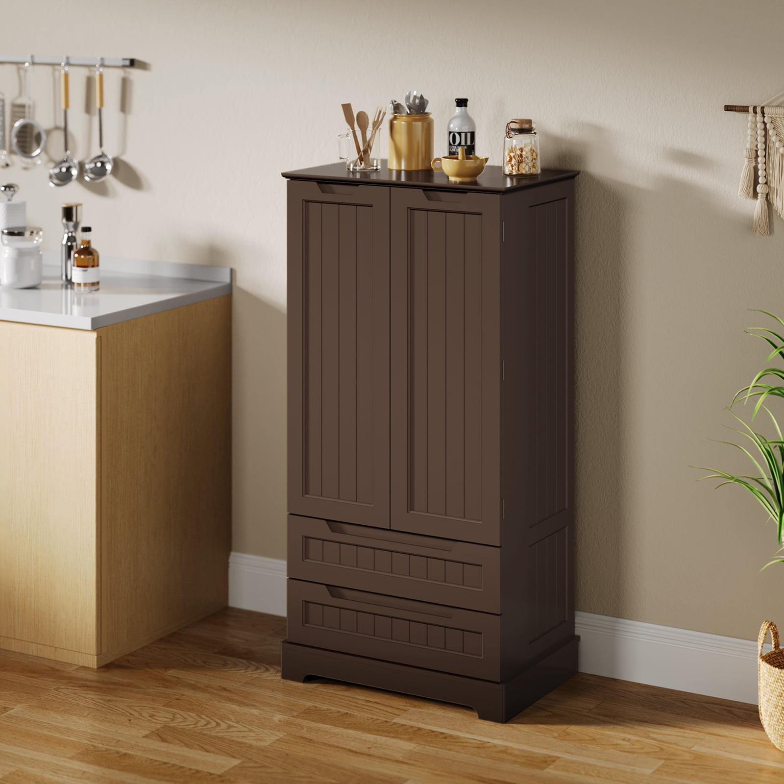 Pantry Storage Cabinet with 2 Drawers，Asofer 47" Kitchen Small Food Pantry Cabinet for Dining Room, Dark Brown