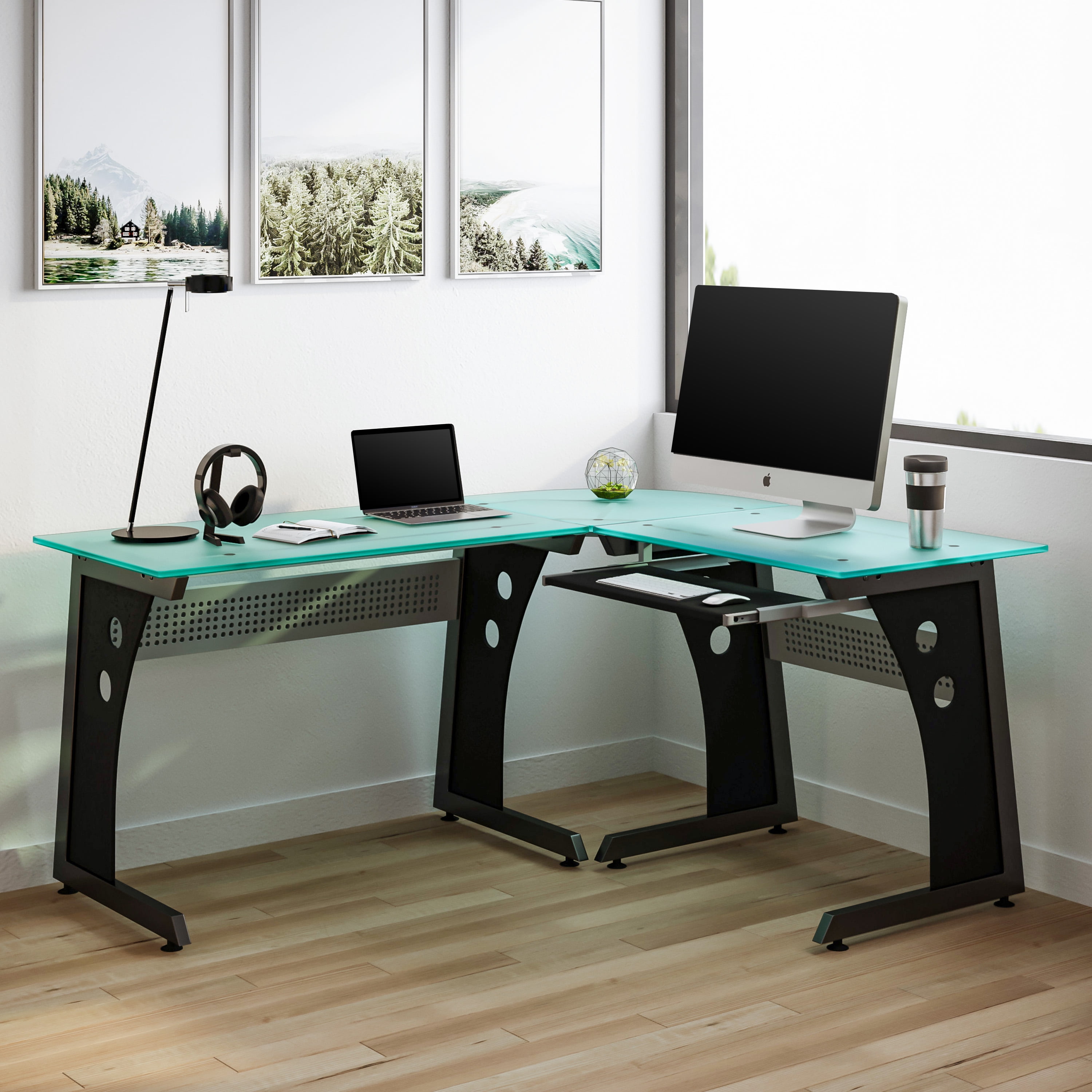 ... Techni Mobili Contempo Glass Top Computer Desk with Pull Out Keyboard Panel 