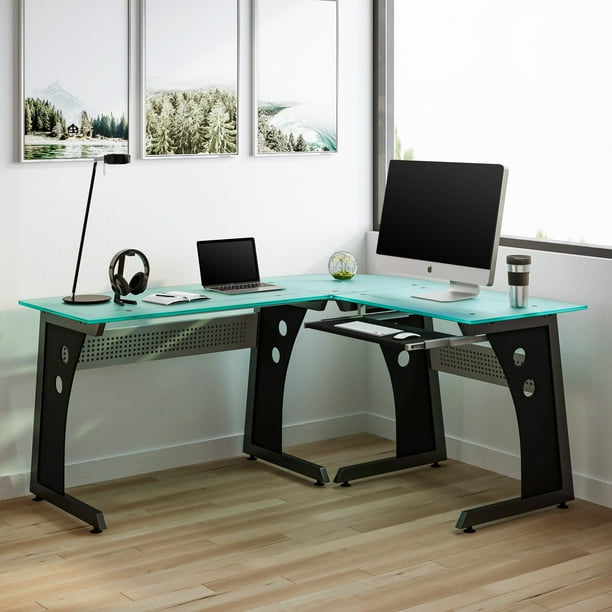 Techni Mobili Deluxe LShaped Tempered Frosted Glass Top Computer Desk