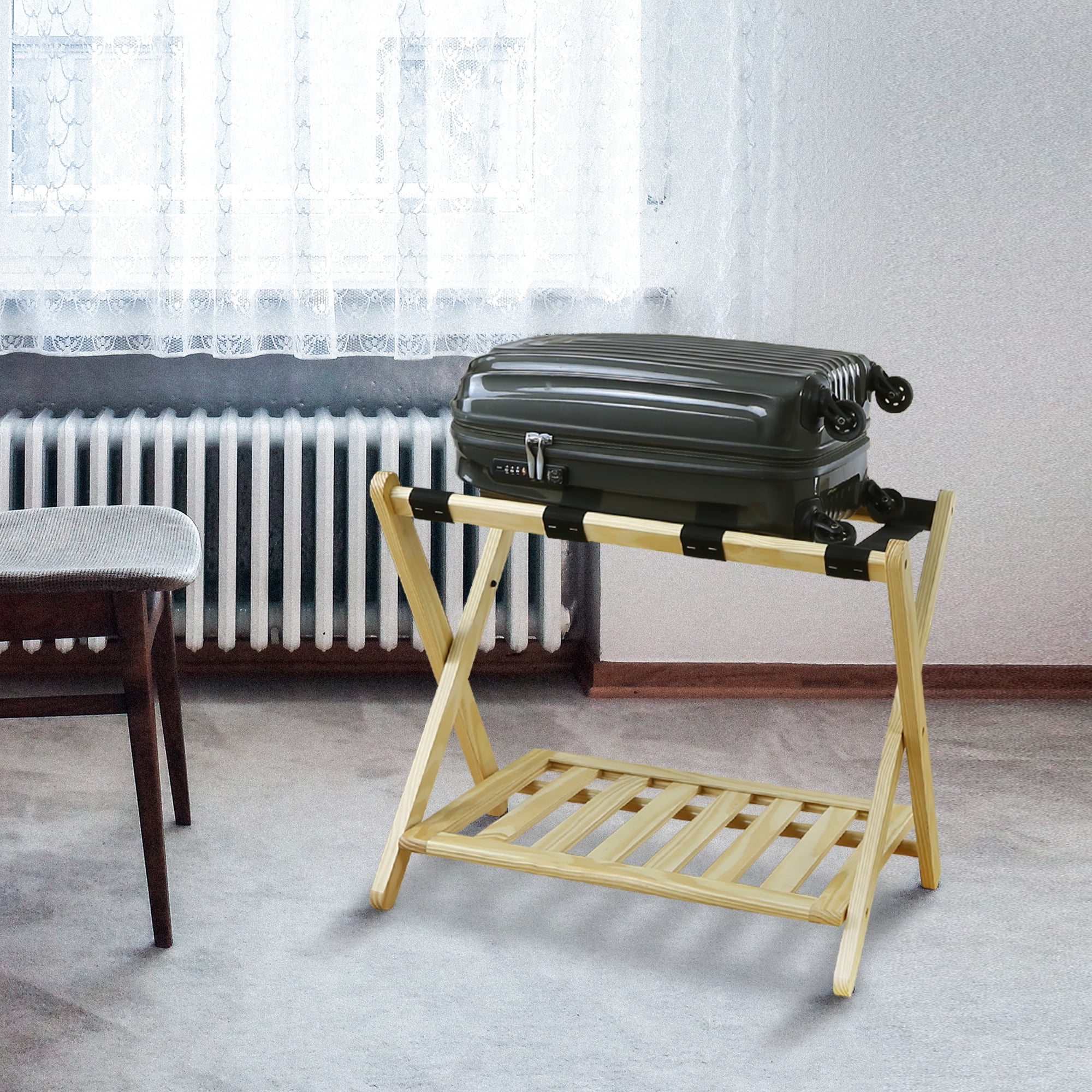 Solid Wood Folding Luggage Rack with Heavy-duty Straps and Shelf - New Natural