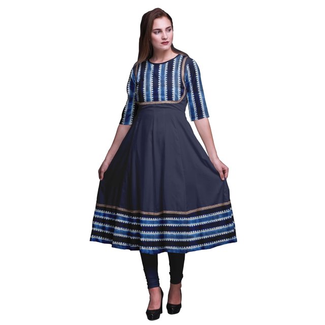Bimba Kurtis Indigo Bleu4 à Rayures Shibori Indiennes pour Femmes Tenue de Fête Anarkali Kurta Imprimée Longue Robe Maxi Petite
