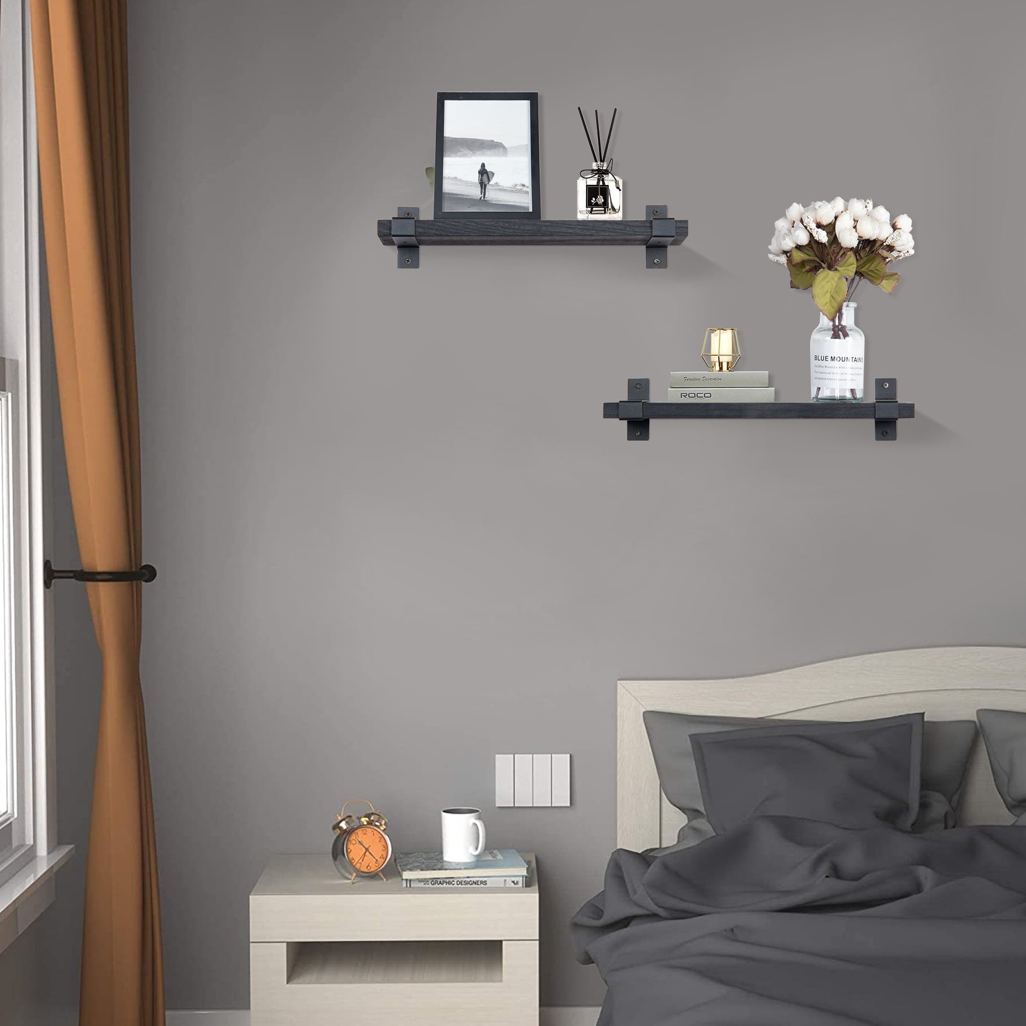 Lavievert Floating Shelves Wall Mounted Set of 2, Rustic Wood Wall Storage Shelves for Bedroom, Living Room, Bathroom, Kitchen, Office - Black