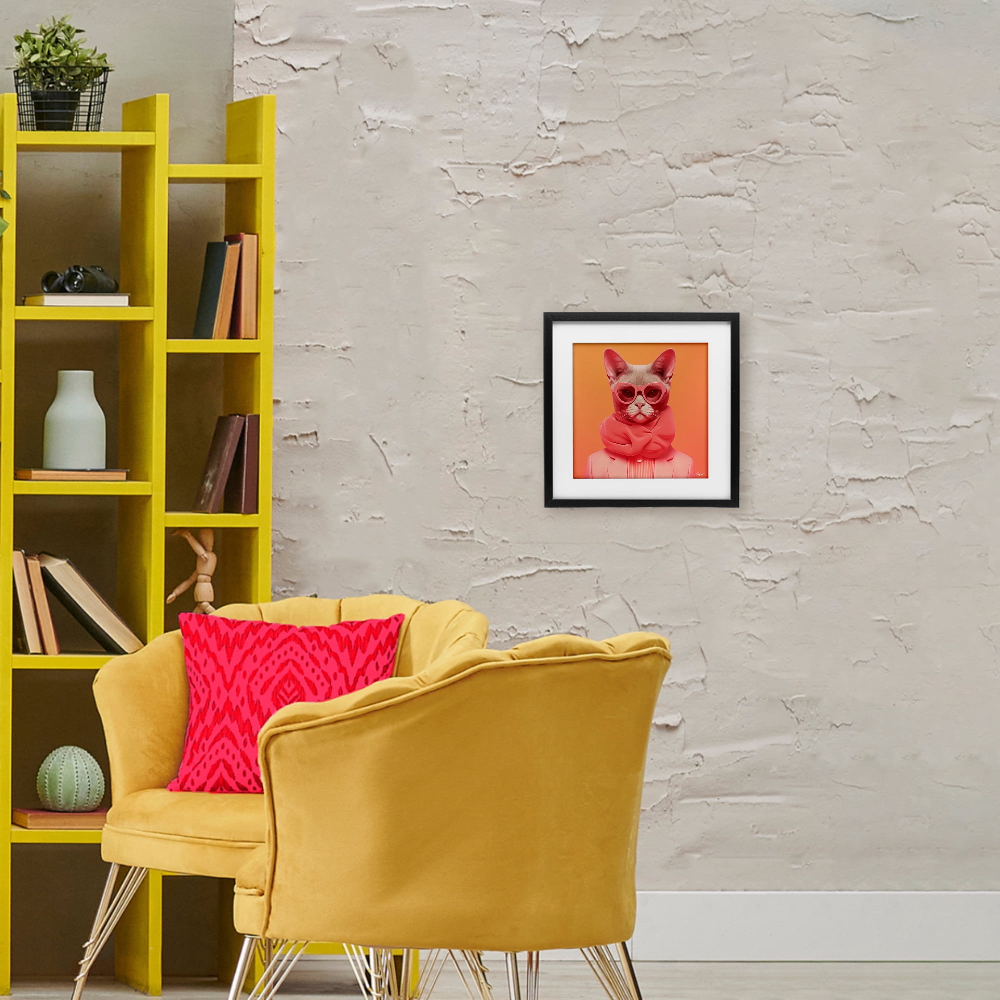 Stupell Industries Retro Glasses Cat on Orange Black Framed Print Under Glass, design by Roozbeh