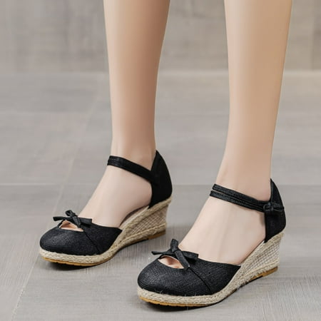 

〖Yilirongyumm〗 Black 40 Sandals Women Fashion Weave Beach Women Bow Shoes Breathable Round Comfortable Wedges Sandals Summer Toe Women s Sandals