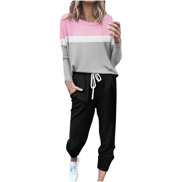 KIHOUT Survêtement pour Femmes Ensemble 2 Pcs Imprimé en Blocs de Couleur Manches Longues Col Rond Hauts Décontractés Pantalons String Jogger Ensemble de Détente