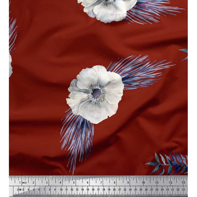 Soimoi Tissu Popeline de Coton Rouge Feuilles & Anémone Imprimé Floral Tissu au Mètre 56 Pouces de Large
