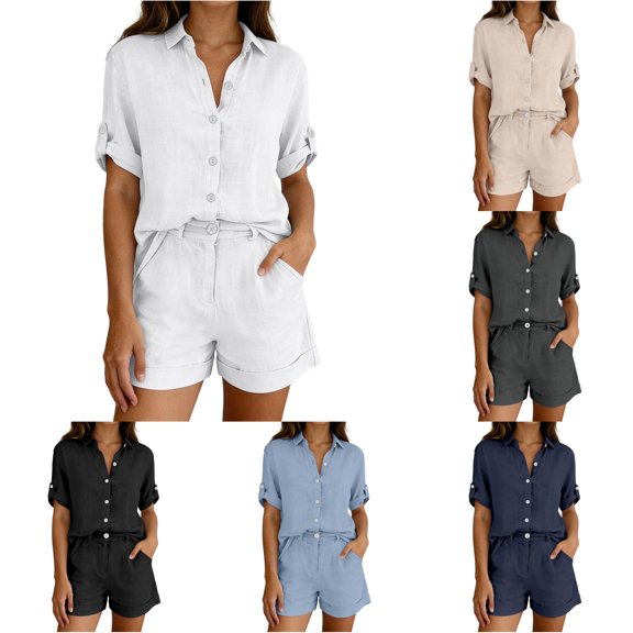 Tanghaowl Short Sets for Women, Women's Shorts Set 2 Piece Summer Short Sleeve Shirt and Shorts Beach Outfit Lightweight - Design Casual Daily Fashion White XXL