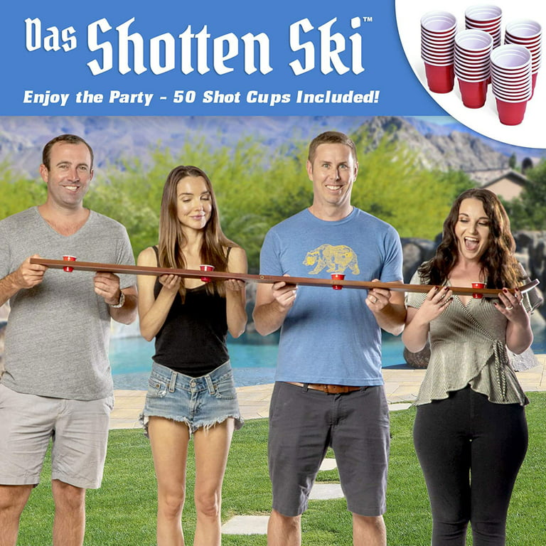 GoPong Das Shotten Ski - Rustic Wood 4 Person Drinking Ski with 50 Plastic  Shot Glasses 
