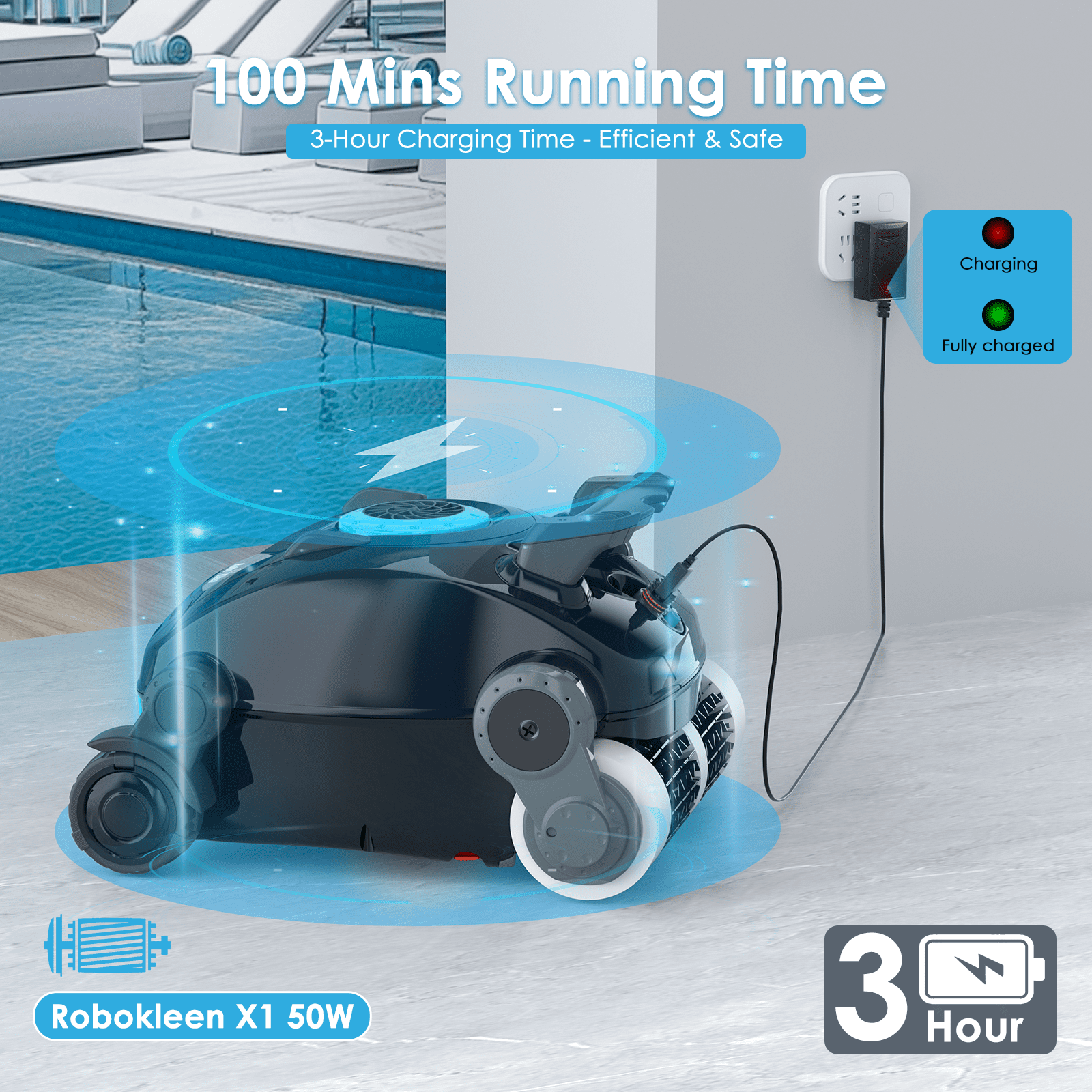 RoboKleen Robotic Pool Cleaner RK-X1 Cordless Wall Climbing for Inground and Above Ground Pools, 2700 GPH Suction, 8L Capacity