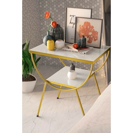 White Side Table with Gold Metal Legs, Modern Style Nightstand,Modern Coffee Table Gold Side Details,End Table with Storage Shelf,Accent Table,Entryway Table