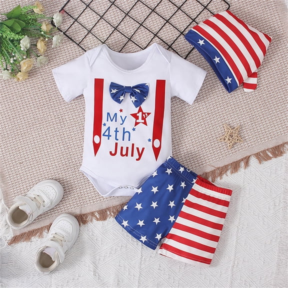 Baby Boy 4th of July Outfit, Suspender Style Romper & Flag Print Shorts with Hat, Patriotic 3-Piece Set for White 3-6 Months