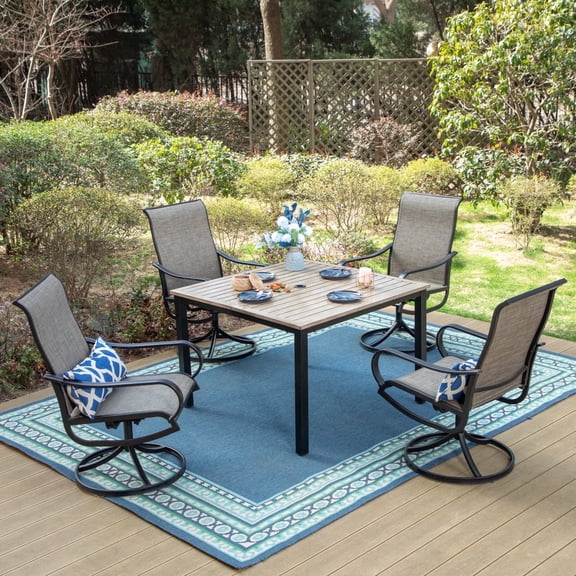SUMMIT LIVING 5-Piece Outdoor Dining Set with Swivel Chairs & Wood Grain Table, 1.75" Umbrella Hole, Black & Brown-Gray