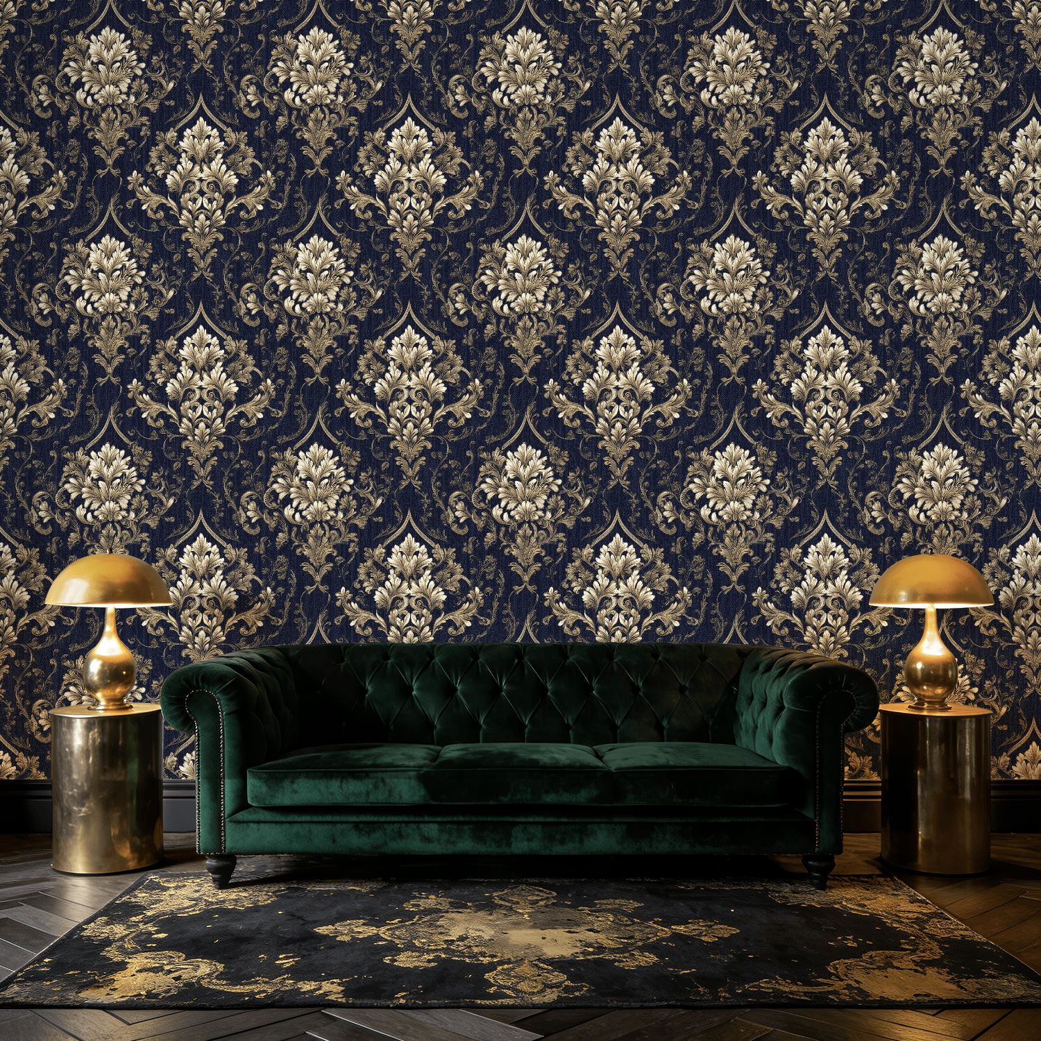 Baroque Peel and Stick Wallpaper Symmetrical Dark Damask Antique Gold Baroque Florals Wall Mural 23.6in x 9.8ft Self Adhesive Removable Wall Paper Renter Friendly Wallpaper for Bedroom Livingroom Men