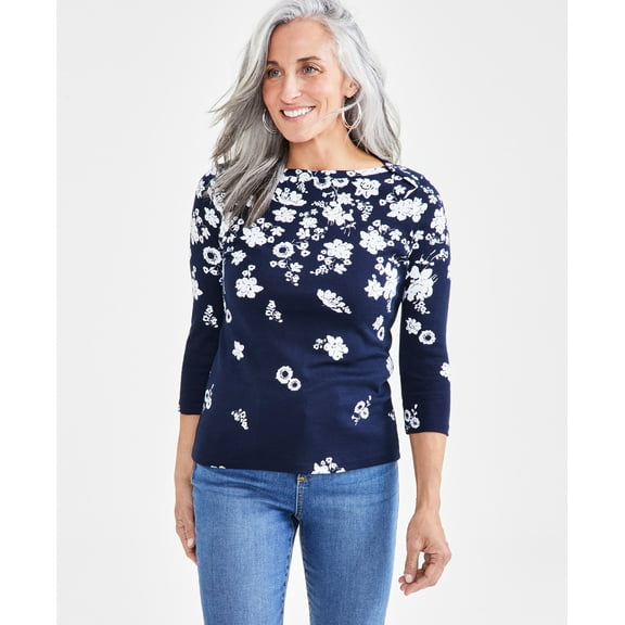 Petite Raining Flower Pima Cotton Top Industrial Blue PM