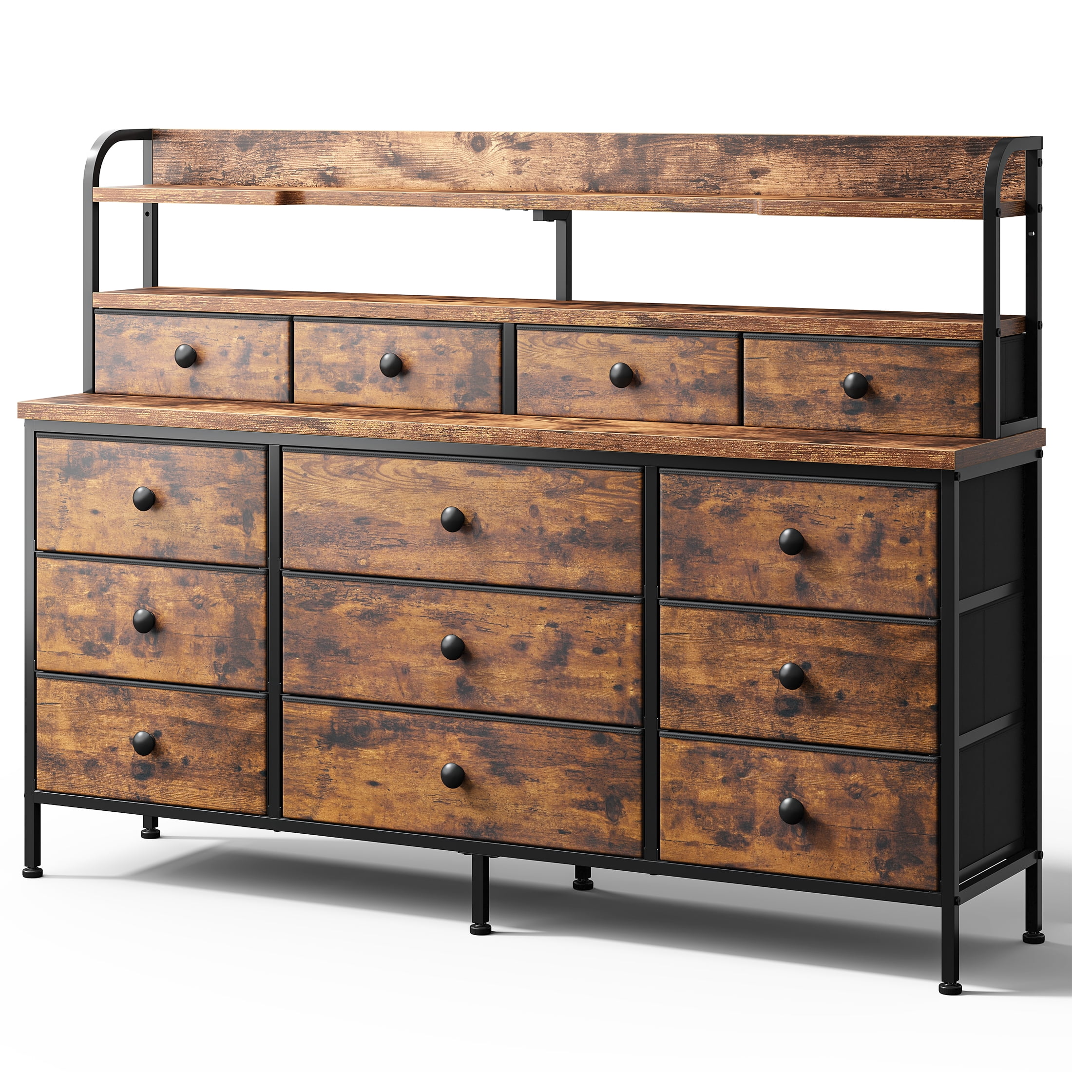 Dresser for Bedroom Long Dresser with 13 Fabric Drawers and Shelves for Closet with LED Light, Rustic Brown