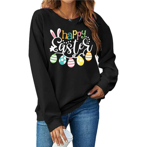 Easter Sweatshirts for Women, Happy Easter Sweatshirt, Long Sleeve Pullover Sweatshirt Women's Spring and Summer Round Neck Easter Printed Casual Long Sleeved Tops Sweatshirt Hoodless Sweatshirts