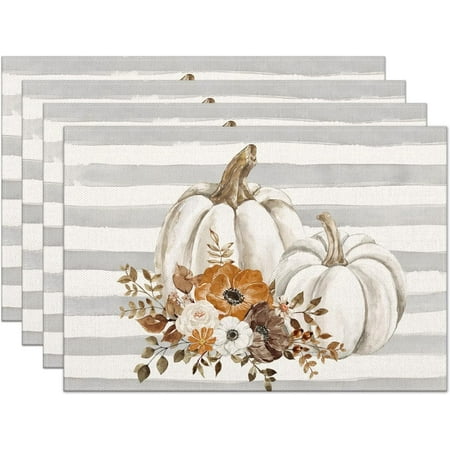 

Fall Placemats Set of 4 12x18 Inch Stripes with Pumpkins Flowers Heat-Resistant Place Mats Seasonal Autumn Table Decors for Farmhouse Kitchen Dining Thanksgiving Holiday Party