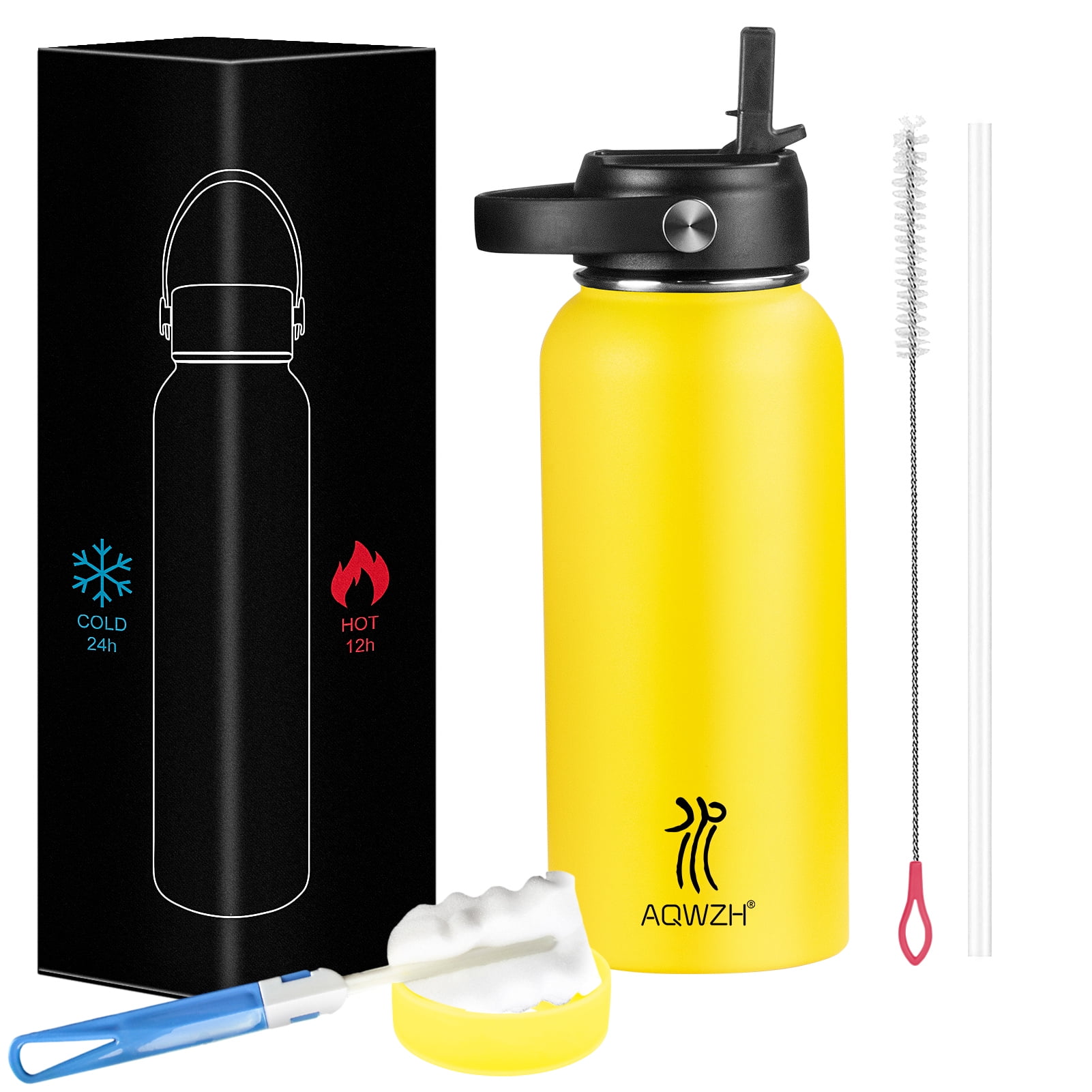 Aqwzh 40 oz Black Stainless Steel Water Bottle with Wide mouth, Straw, and Lid