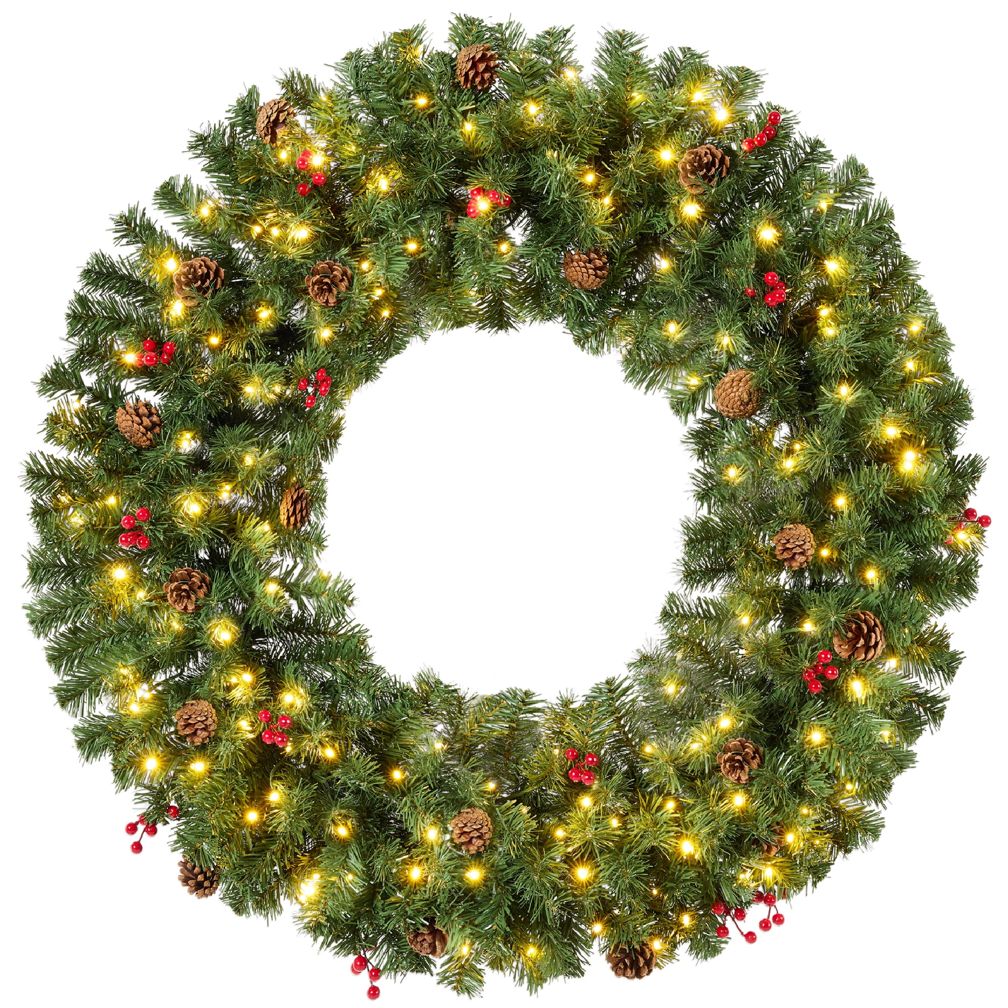 Best Choice Products 30in Pre-Lit Christmas Wreath w/Berries & Pinecones, Large Artificial Indoor/Outdoor Decor, Plug-in