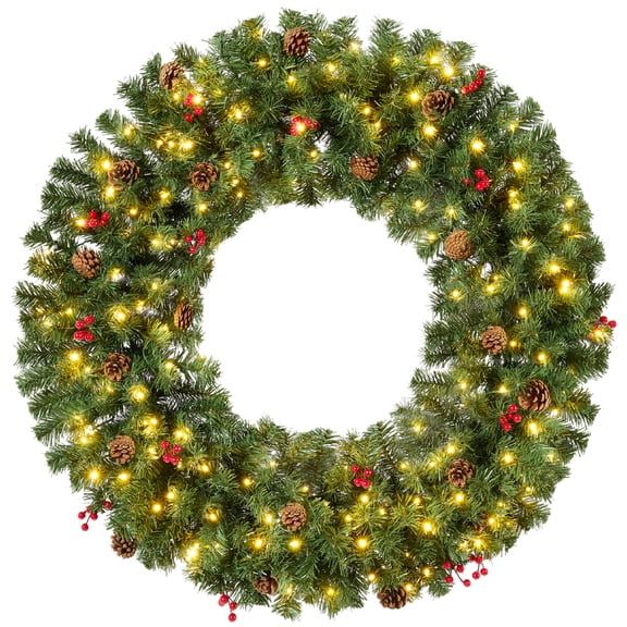 Best Choice Products 30in Pre-Lit Christmas Wreath w/Berries & Pinecones, Large Artificial Indoor/Outdoor Decor, Plug-in