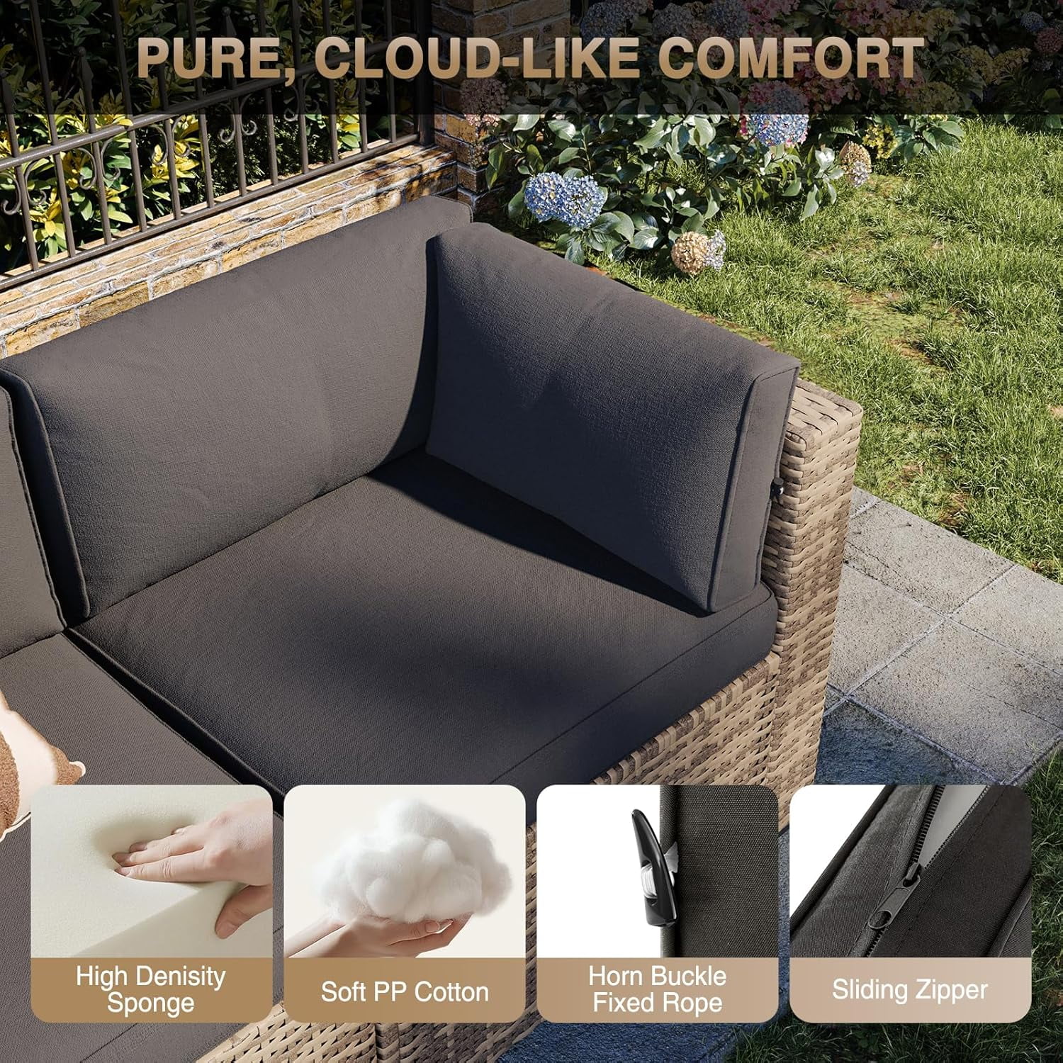 Aoxun 8 Piece Patio Furniture Set with 44” Fire Pit Table Wicker Rattan Outdoor Sectional Sofa Set with Coffee Table and 4” Thickened Cushions, Black (Waterproof Cover Included)