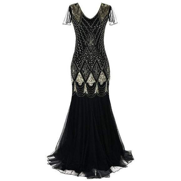 fartey Womens Lace Sparkly Sequins Dress Vintage Batwing Short Sleeve Wedding Dresses Slim Fit Layered Flared Swing Maxi Sundress Trendy V Neck Evening Party Prom Dresses