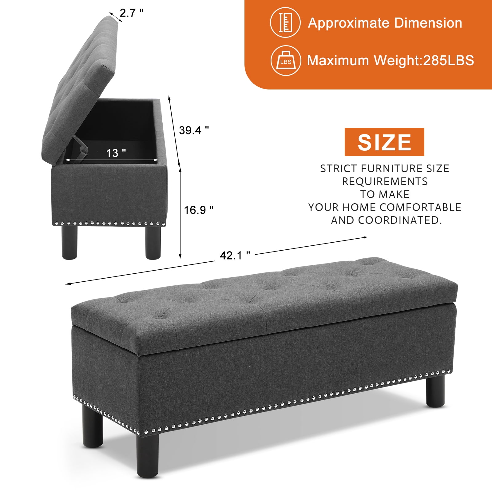 Furniliving Modern Upholstered Button Tufted Storage Ottoman Entryway Bench for Bedroom Livingroom, Dark Grey