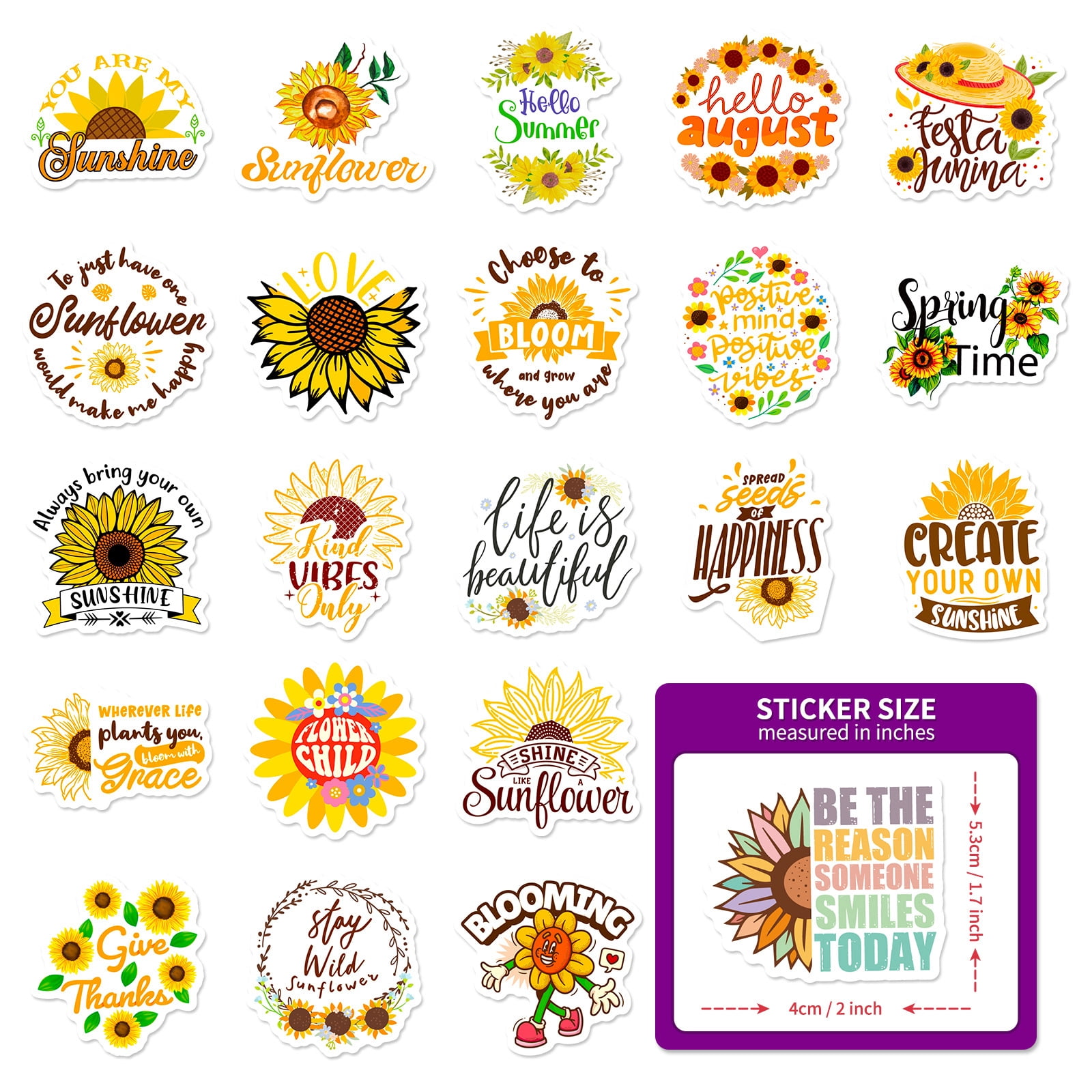 50-Pack Sunflower English Word Stickers - Fresh Ins-Style Cartoon Sunflower Decals for Phones, Laptops, and DIY Projects