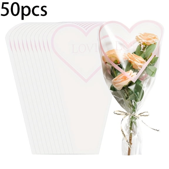 Pack of 50 Transparent Flower Bags for Wrapping Bouquets, Bulk Cellophane Sleeves Featuring a Pink Heart Line Design, Ideal for Flower Bar Supplies for Weddings, Birthdays, Moth