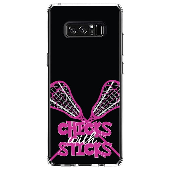 DistinctInk Clear Shockproof Hybrid Case for Samsung Galaxy Note 8 - TPU Bumper, Acrylic Back, Tempered Glass Screen Protector - Hot Pink Lacrosse - Chicks with Sticks