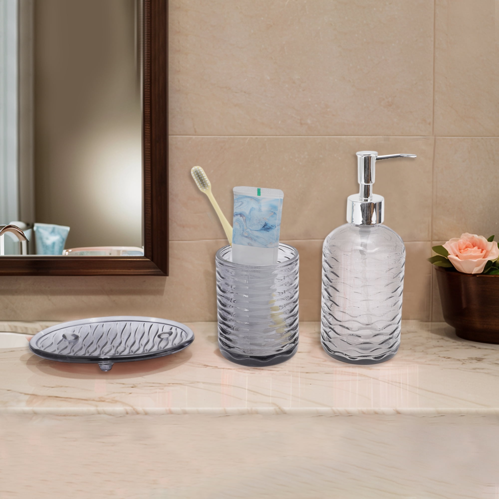 Unique Bargains Durable Waves Bathroom Accessories Kit 3Pcs Black
